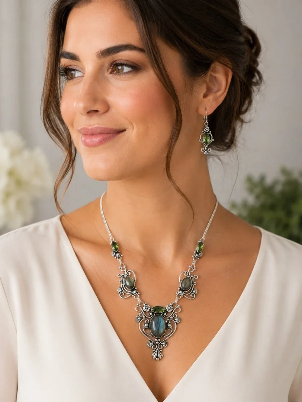 Labradorite & Peridot Gemstone Necklace Earrings Set 21